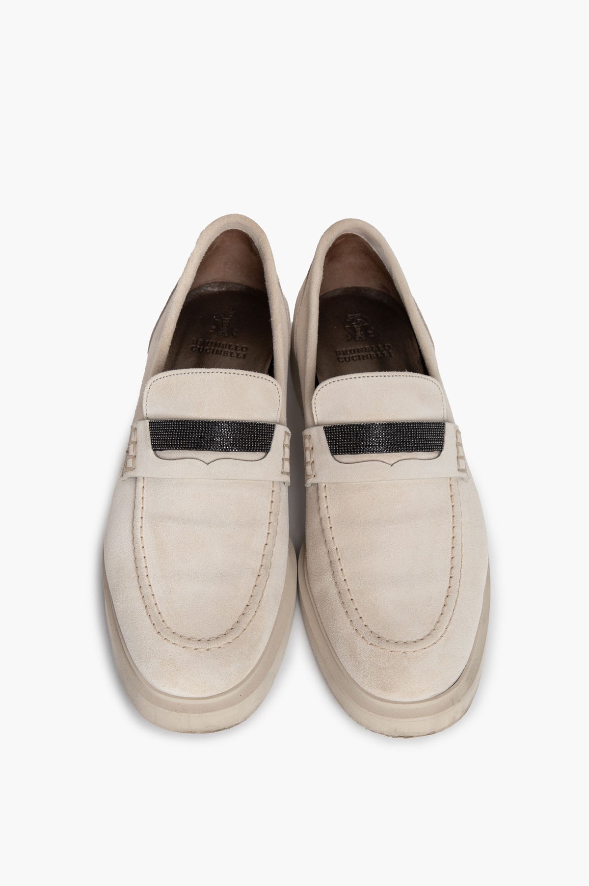 Brunello Cucinelli Ecru Suede Monili Embellished Penny Loafers Size 39
