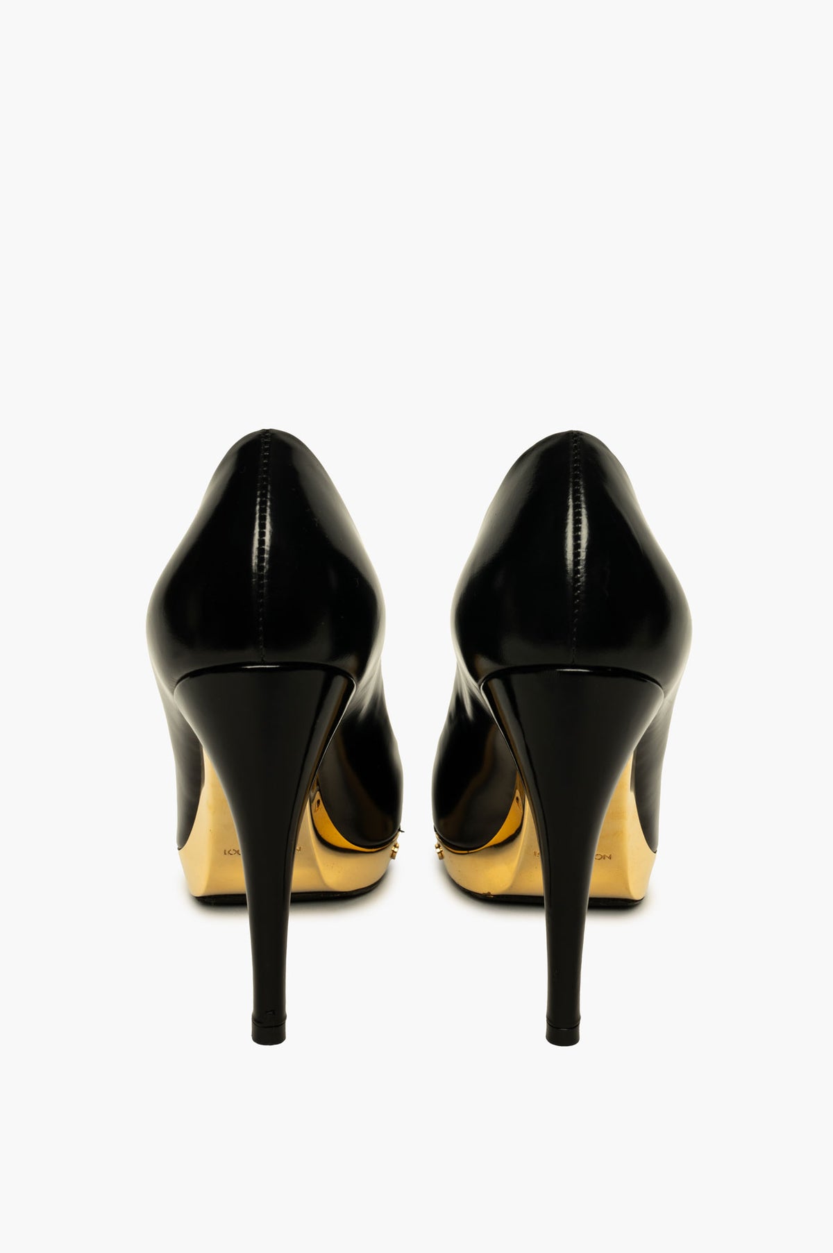 Louis Vuitton Black Leather Gold Metal Panel Pumps