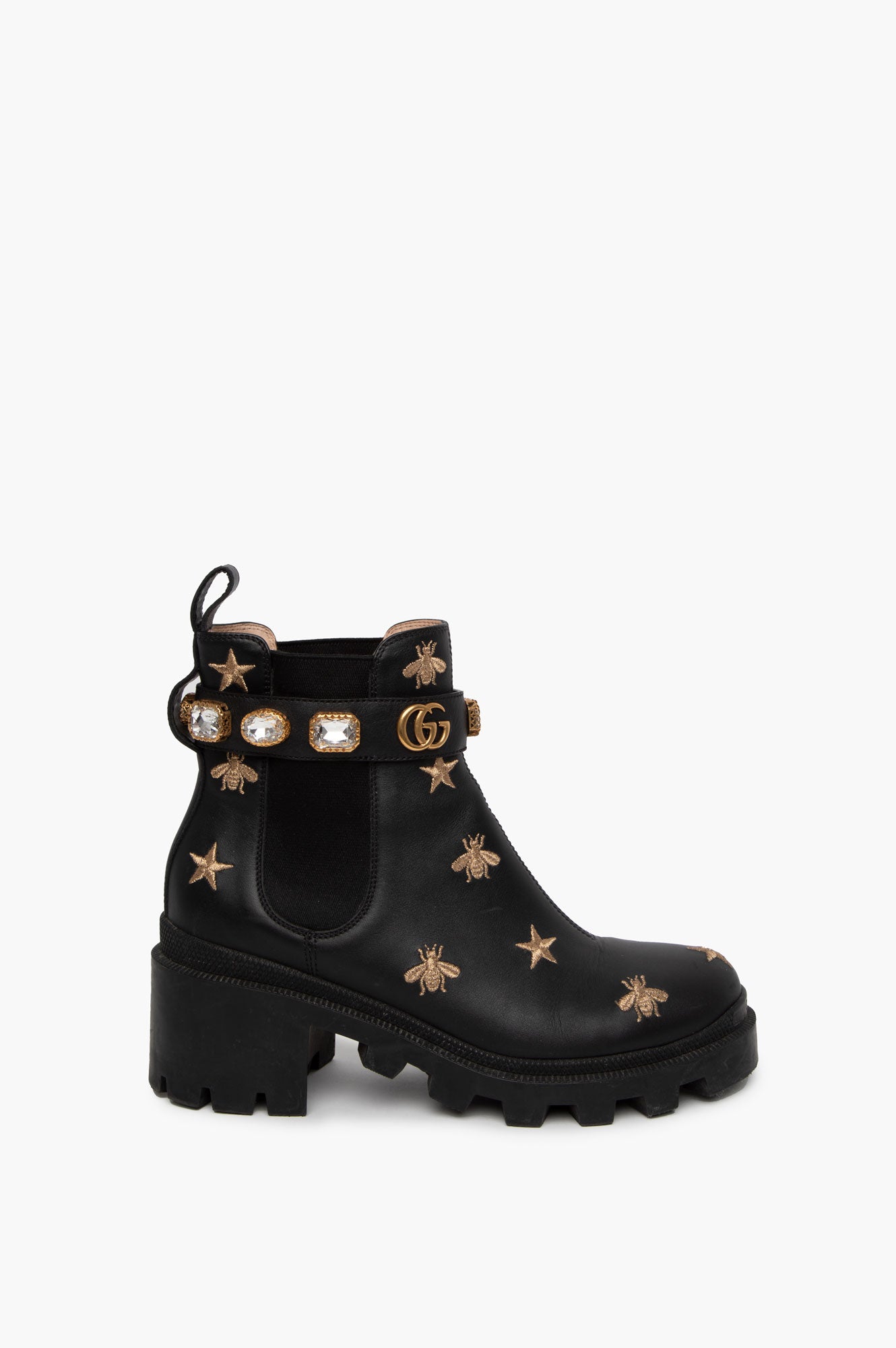 Gucci Black Embroidered Crystal Embellished Ankle Boots Size 37.5