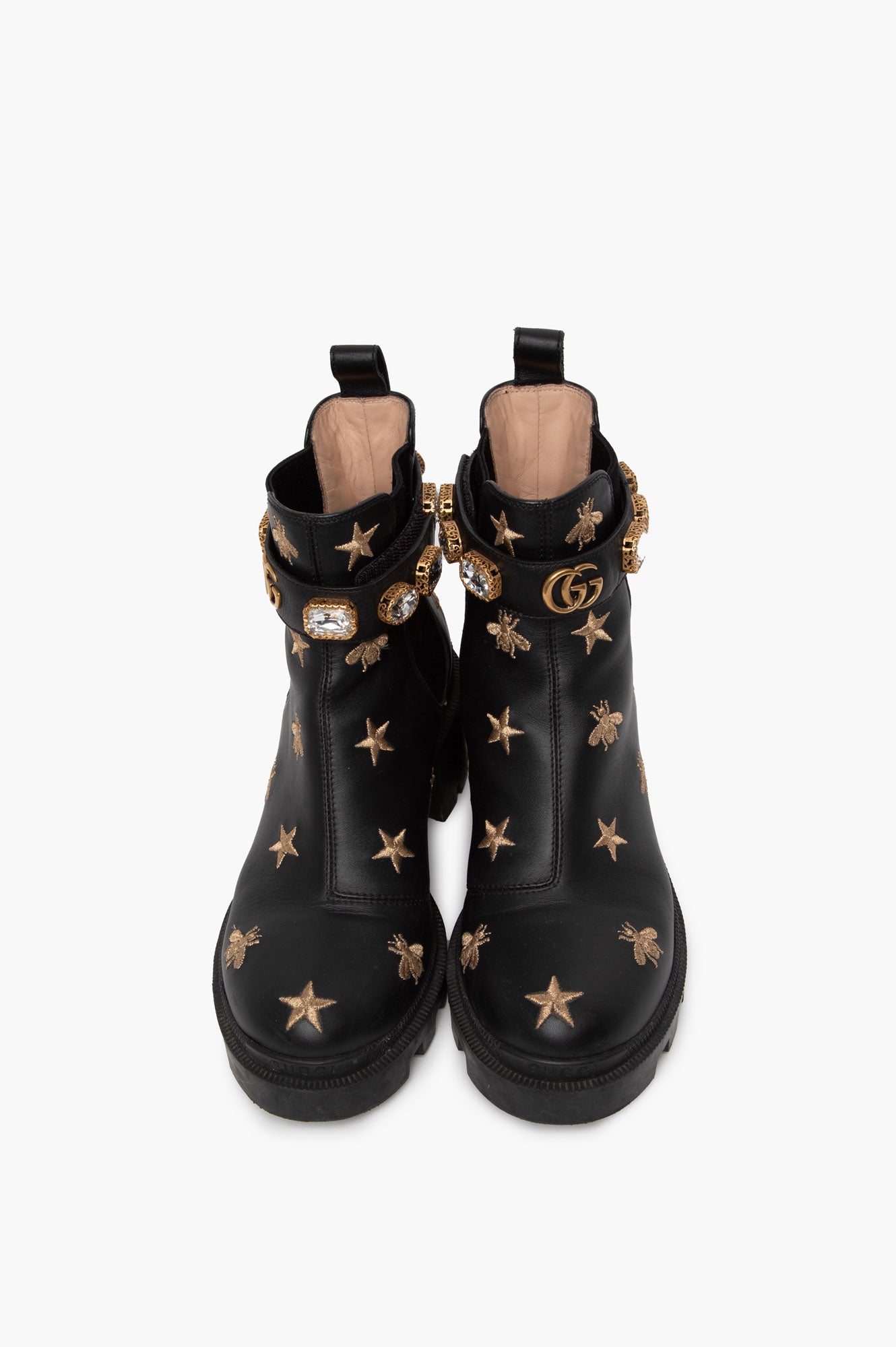Gucci Black Embroidered Crystal Embellished Ankle Boots Size 37.5