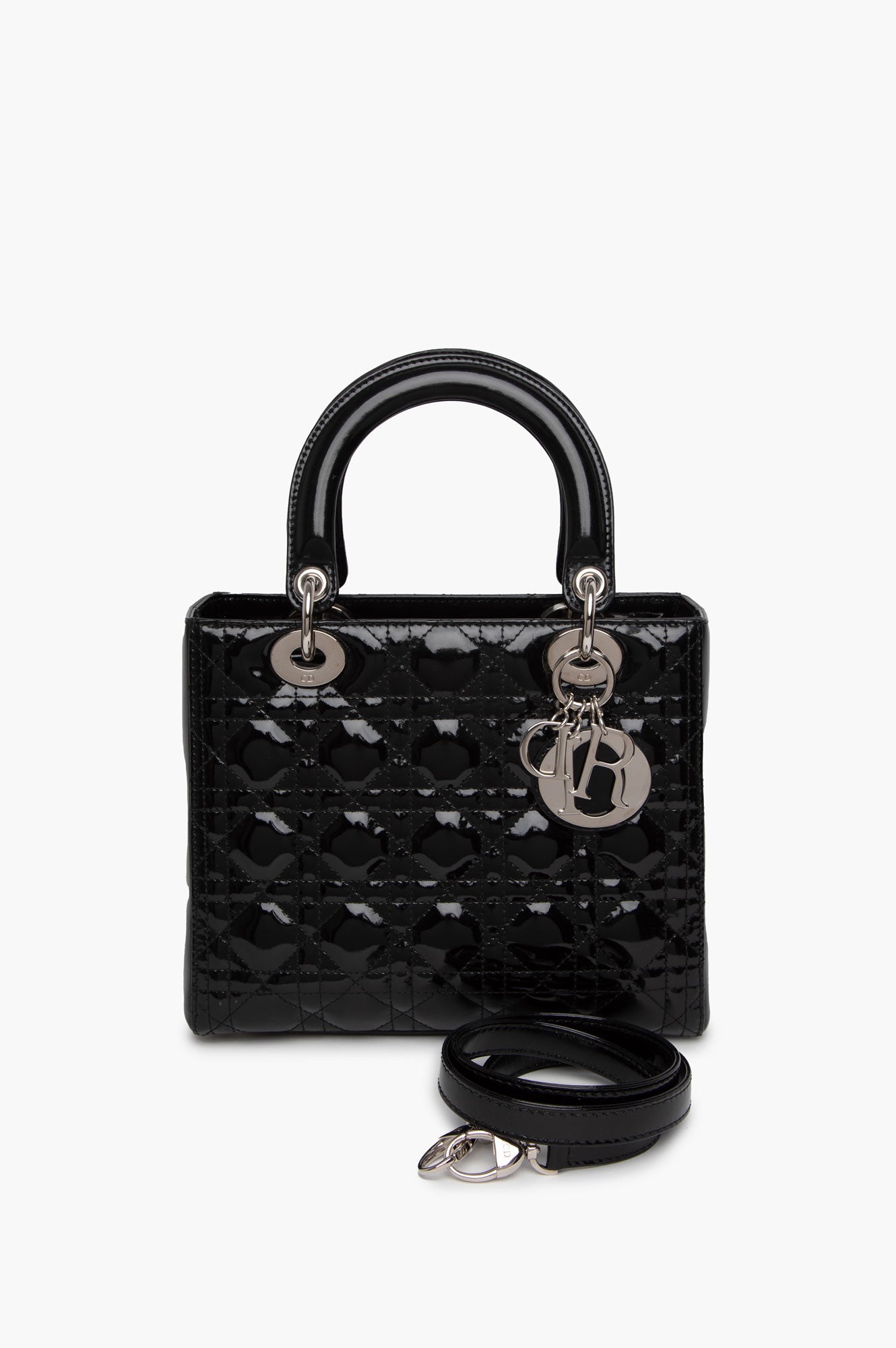 Christian Dior Black Lady Dior Patent Medium Bag