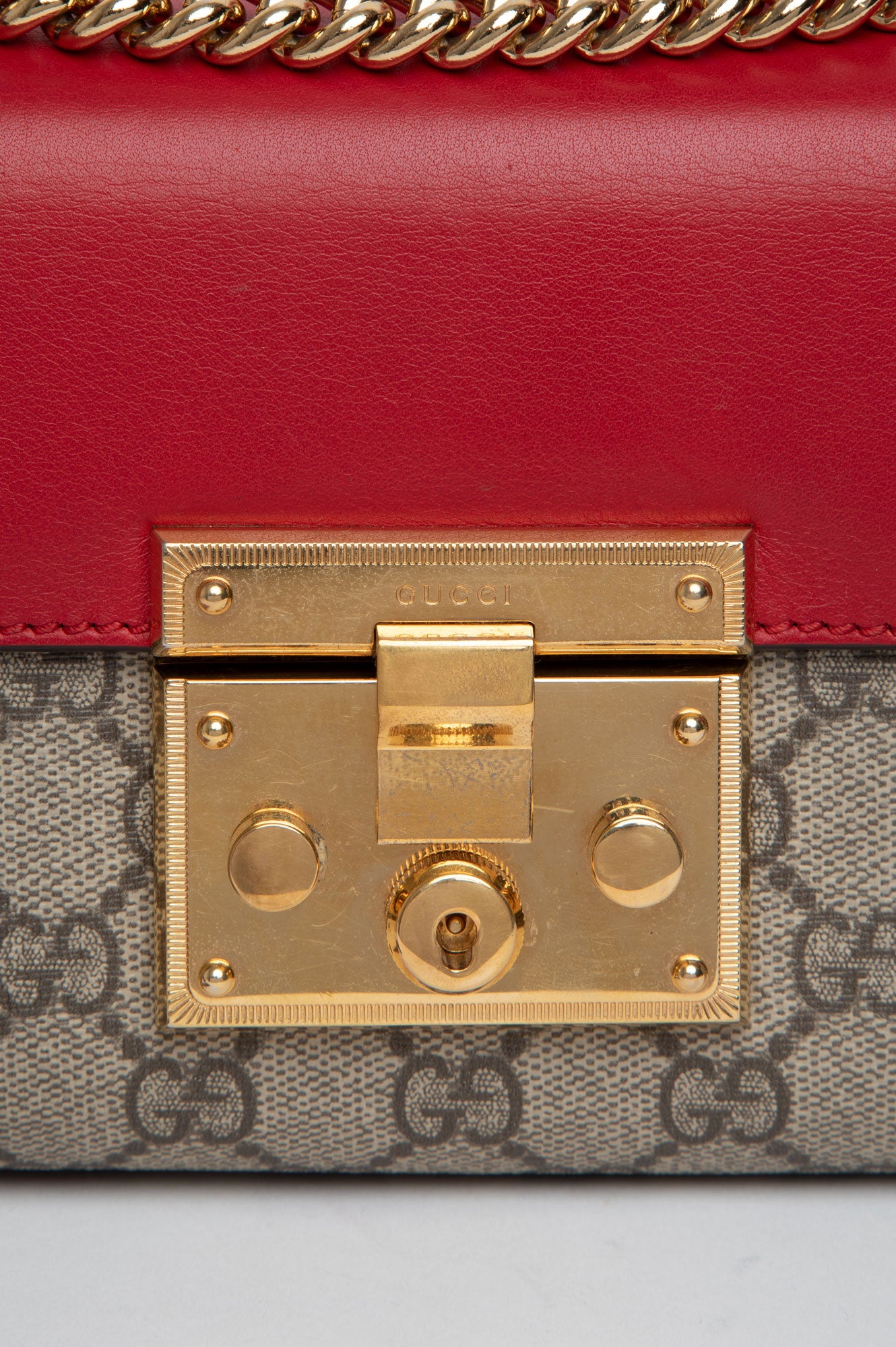 Gucci Hibiscus Red Supreme Moon Calfskin Small Padlock Shoulder Bag
