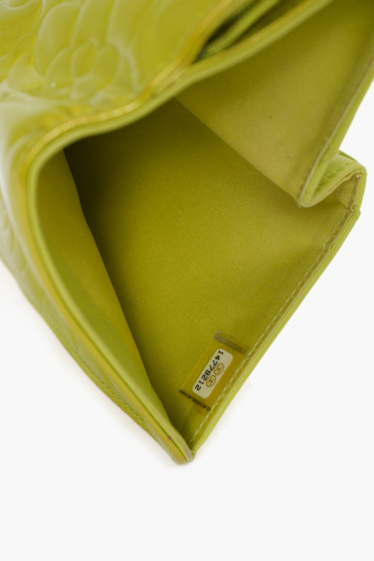 Chanel Camellia Embossed Chartreuse Pearl Patent Wallet