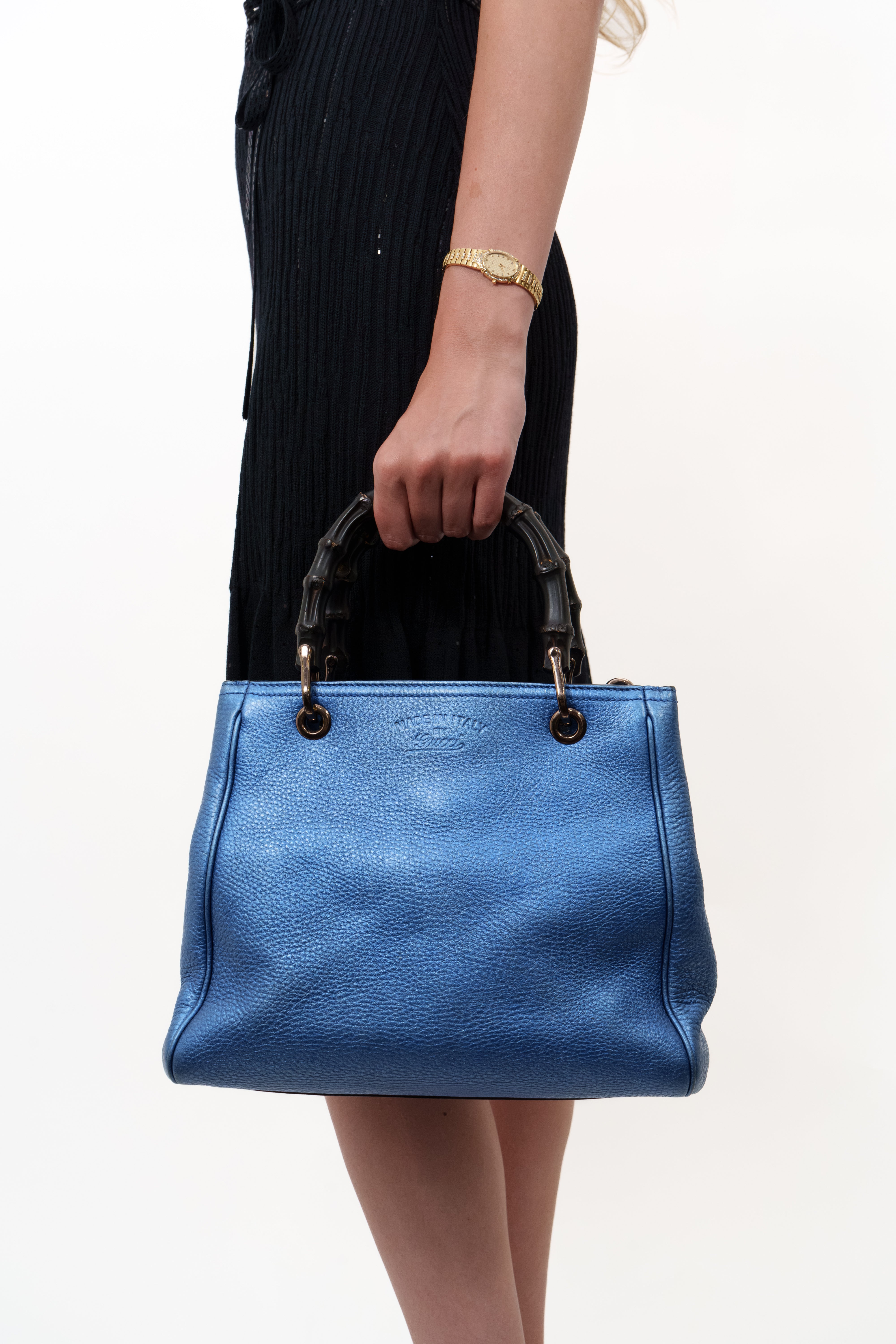 Gucci Metallic Blue Bag Medium Shopper Tote With Strap
