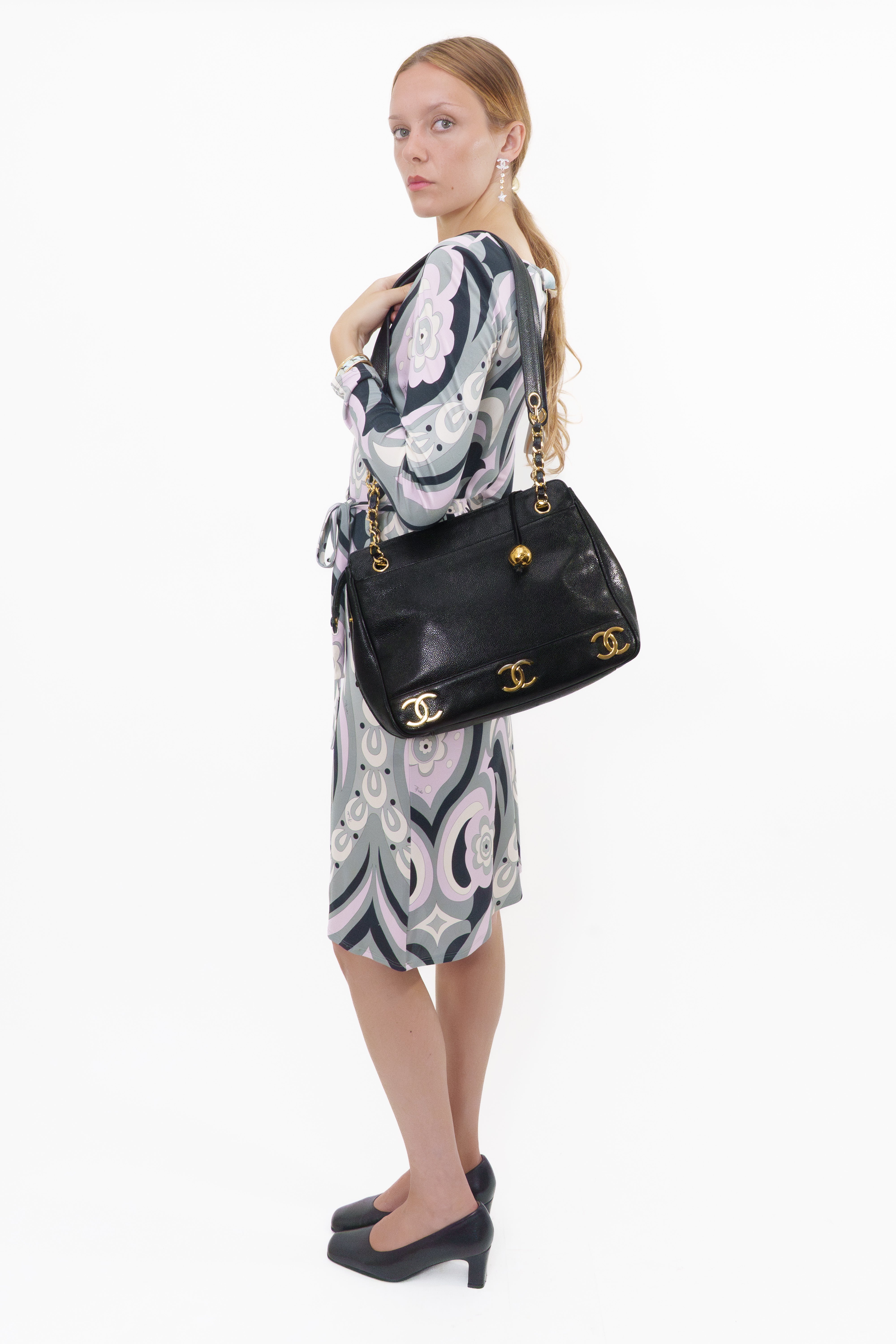 Chanel Black Caviar Triple CC Logo Tote Bag