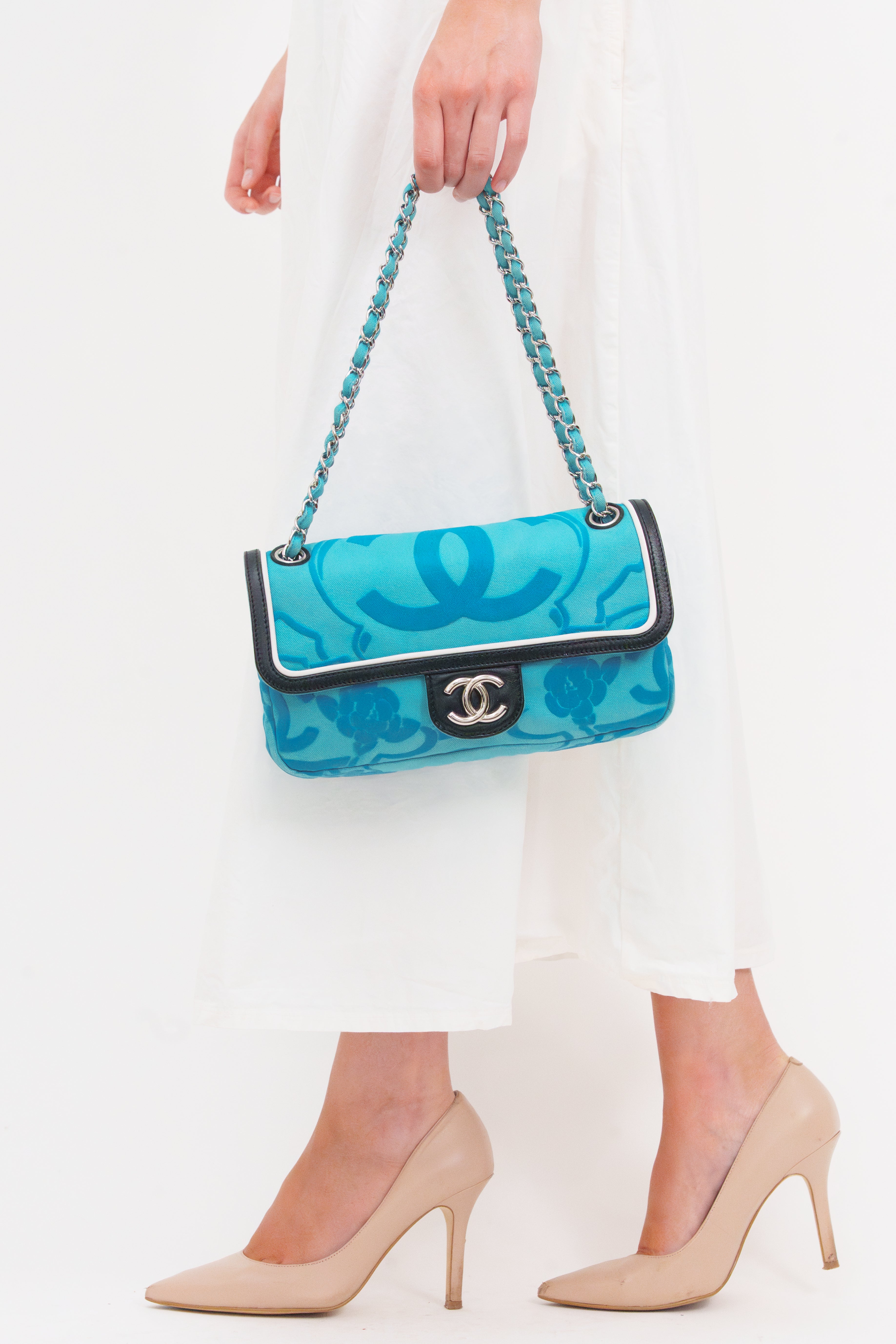 Chanel Blue Camellia Single Flap Shoulder Bag
