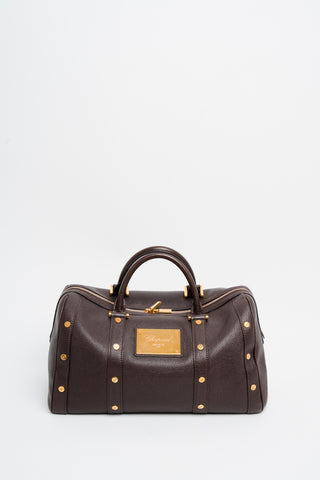 Chopard Brown Pebbled Leather Studded Boston Bag