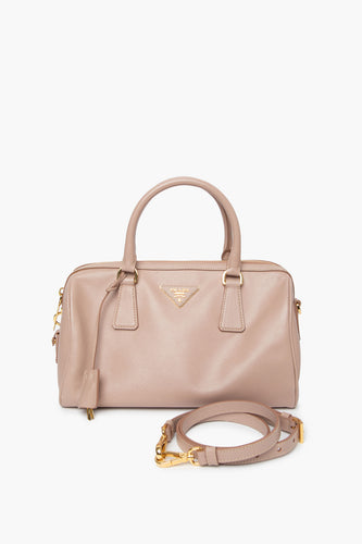 Prada Taupe Saffiano Bowler Bag With Strap - front
