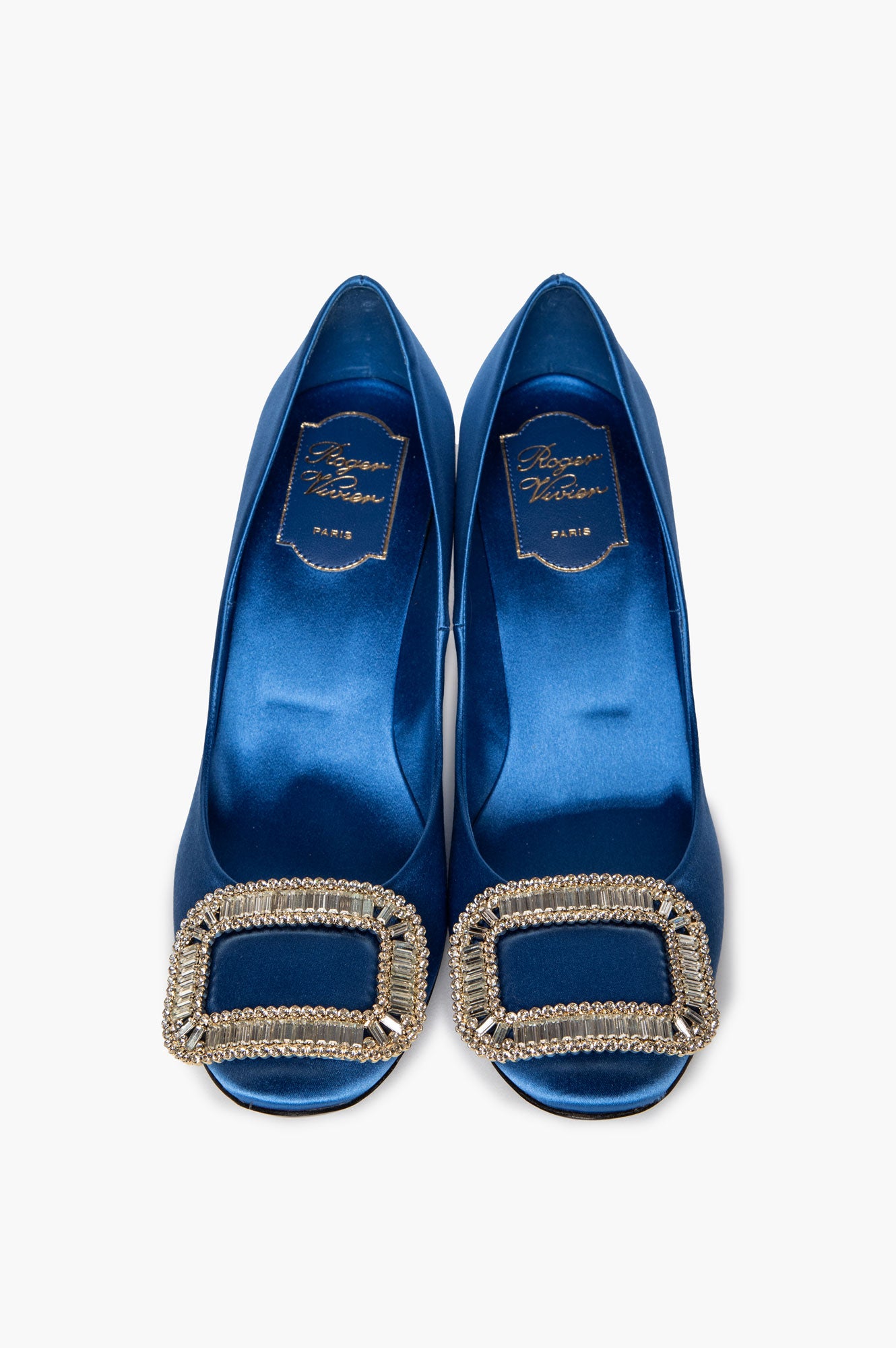 Roger Vivier Blue Satin Crystal Embellished Belle Vivier Pumps Size 37.5