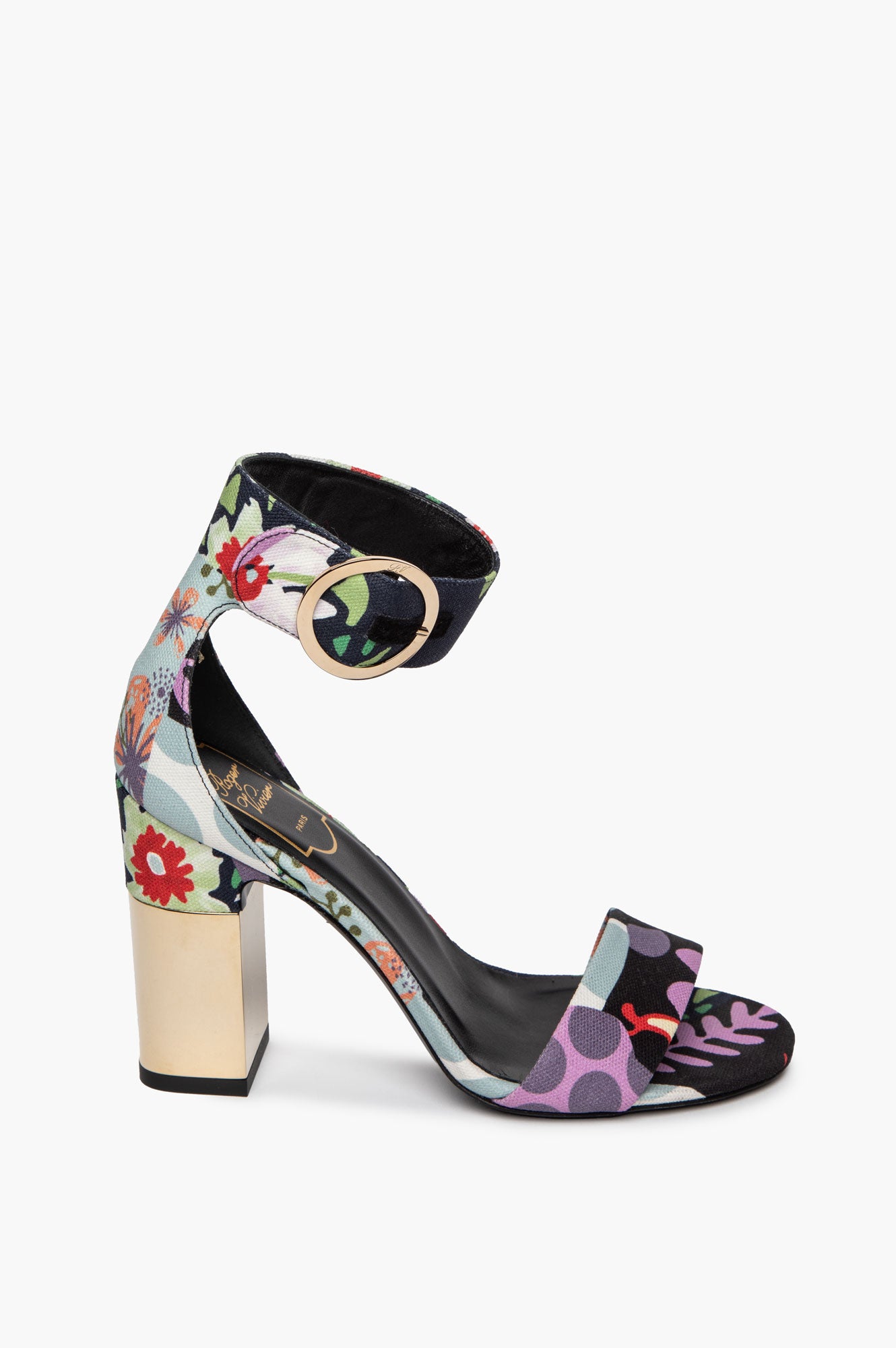 Roger Vivier Floral Canvas Gold Block Heel Podium Sandals Size 36