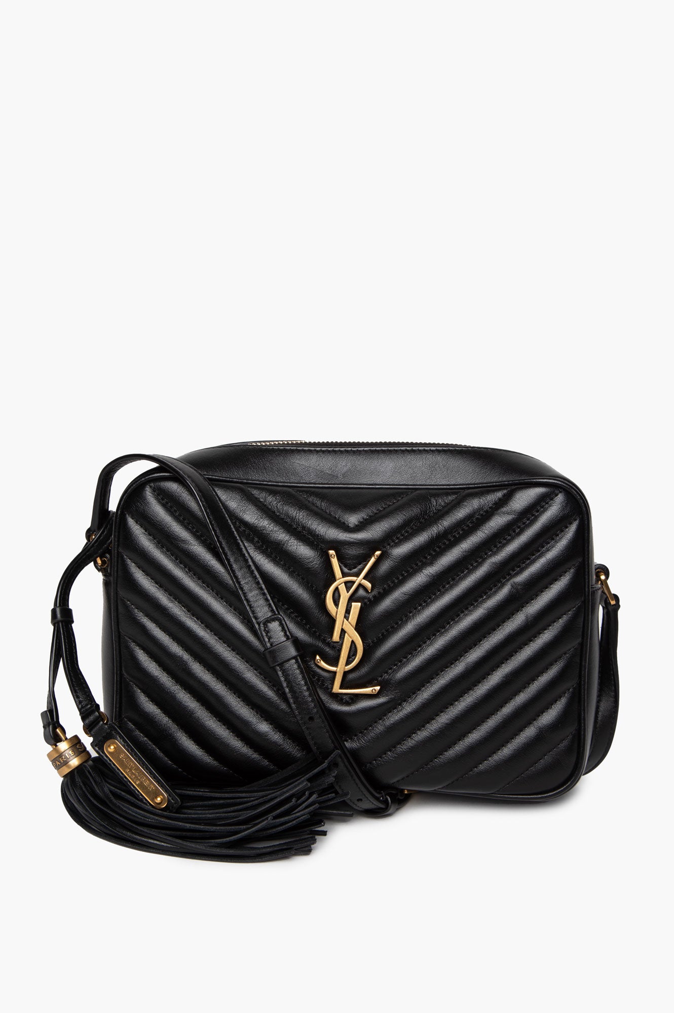 Saint Laurent Black Chevron Matelassé Leather Lou Camera Bag