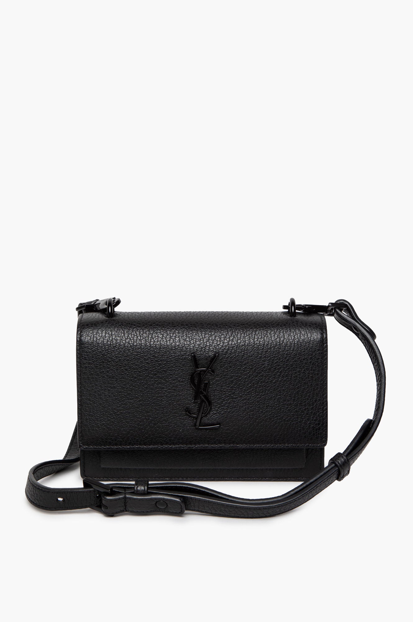 Saint Laurent Black on Black Grained Calfskin Small Sunset Crossbody Bag