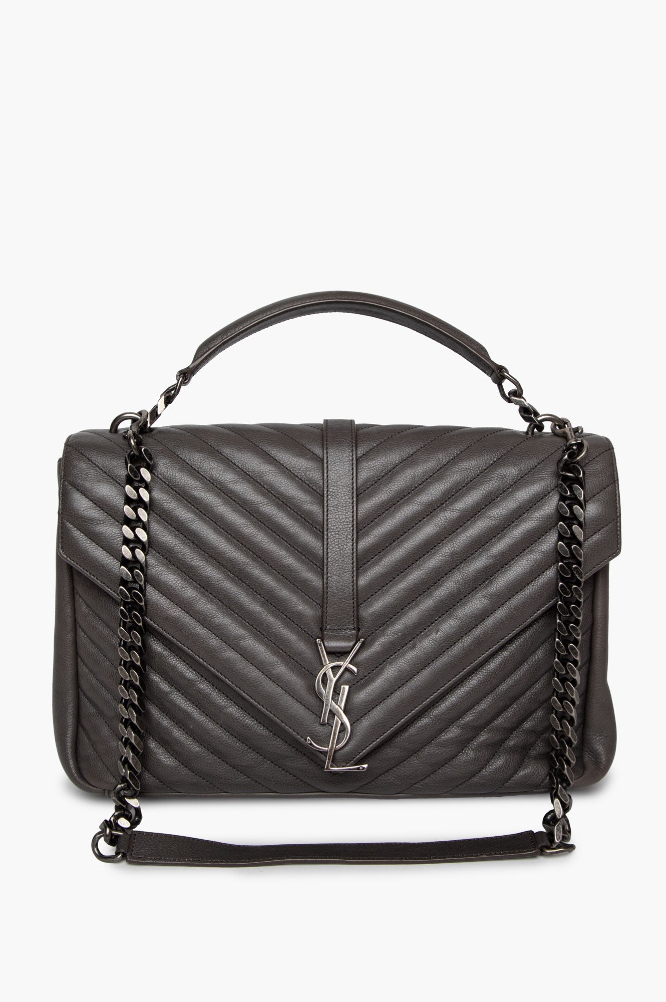 Saint Laurent Grey Chevron Matelassé Leather Large College Chain Bag