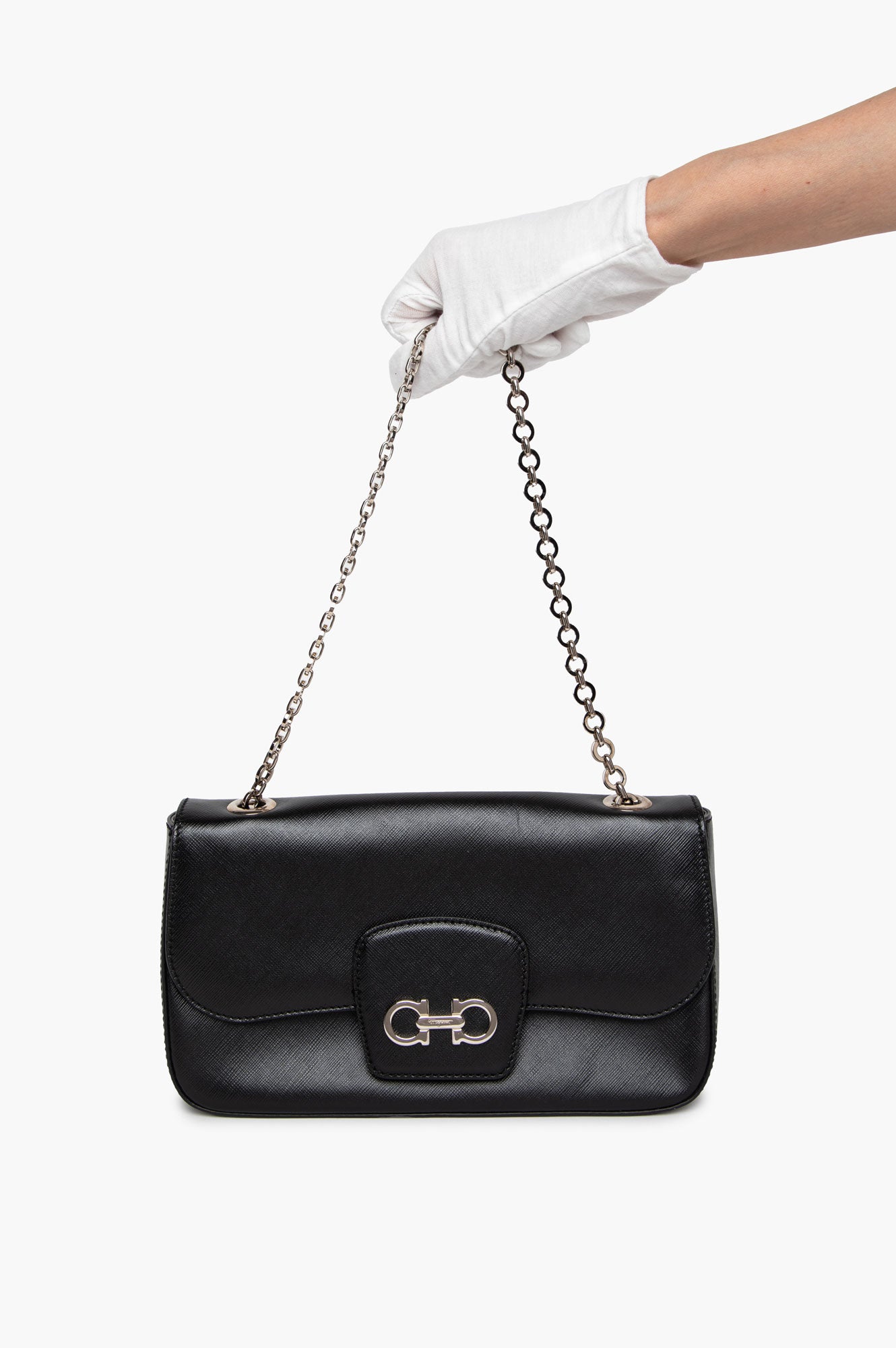 Salvatore Ferragamo Black Saffiano Leather Gancini Chain Shoulder Bag
