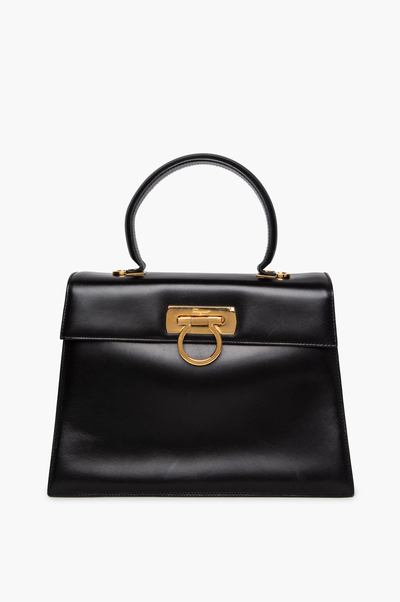Salvatore Ferragamo Black Shiny Calfskin Gancini Iconic Top Handle Bag with Strap