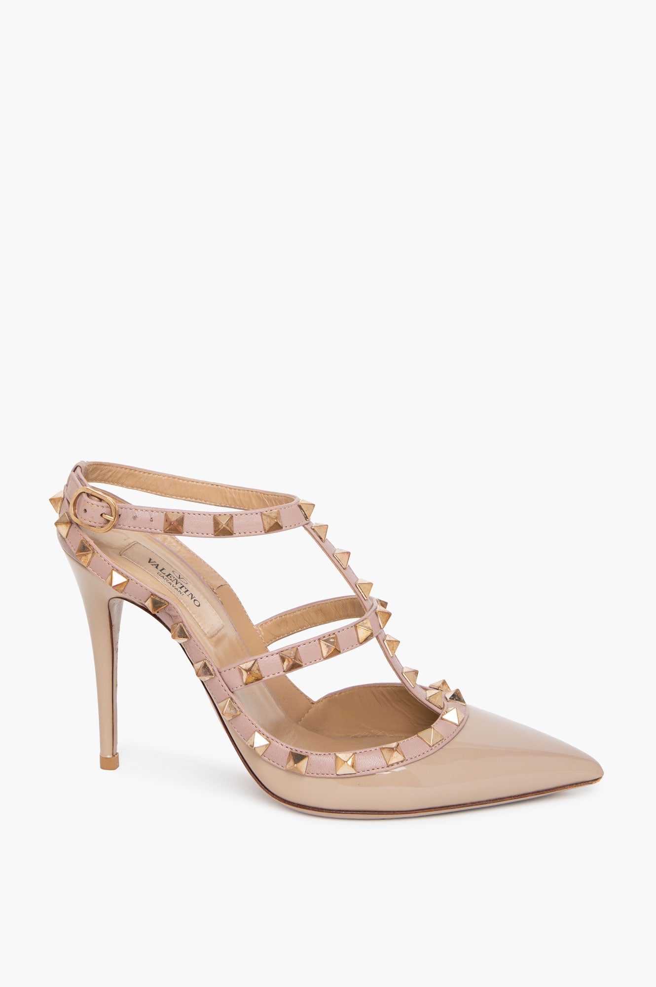 Valentino Garavani Beige Patent Rockstud Caged T-Strap Pumps Size 37