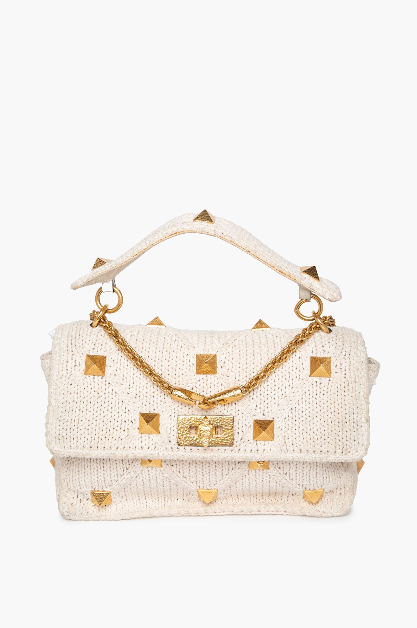 Valentino Garavani Hammered Gold Roman Stud Cotton Knit Top Handle Bag