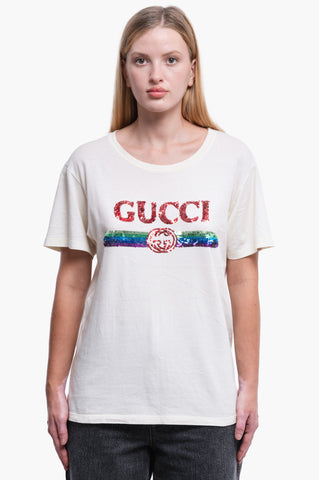 Gucci Beige Sequin Vintage Logo T-Shirt Size XS