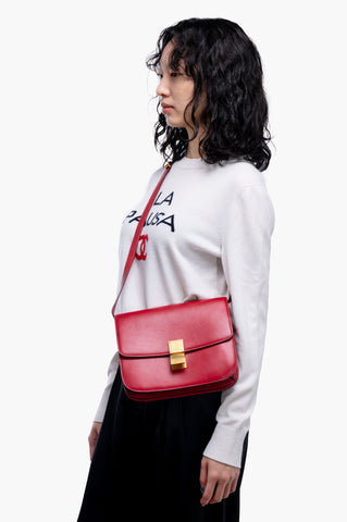 Celine Red Leather Medium Classic Box Shoulder Bag